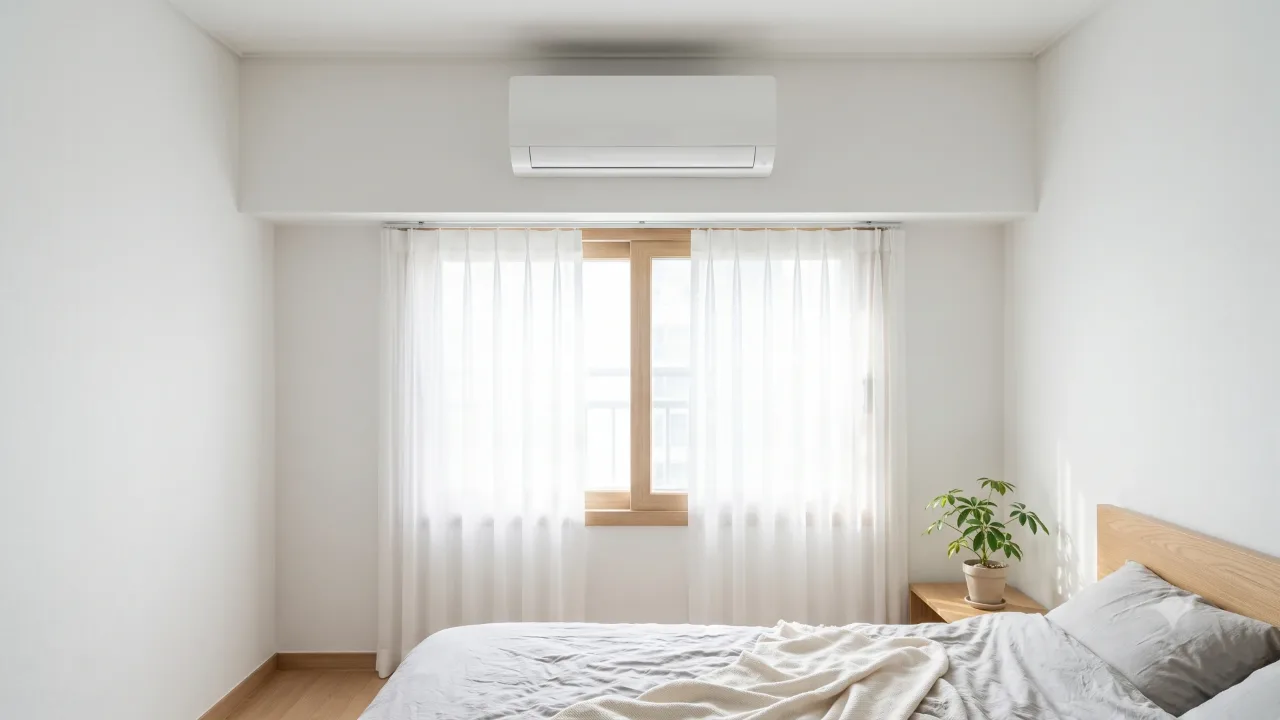 A white wall-mounted air conditioner above a bright bedroom window with a thin white curtain