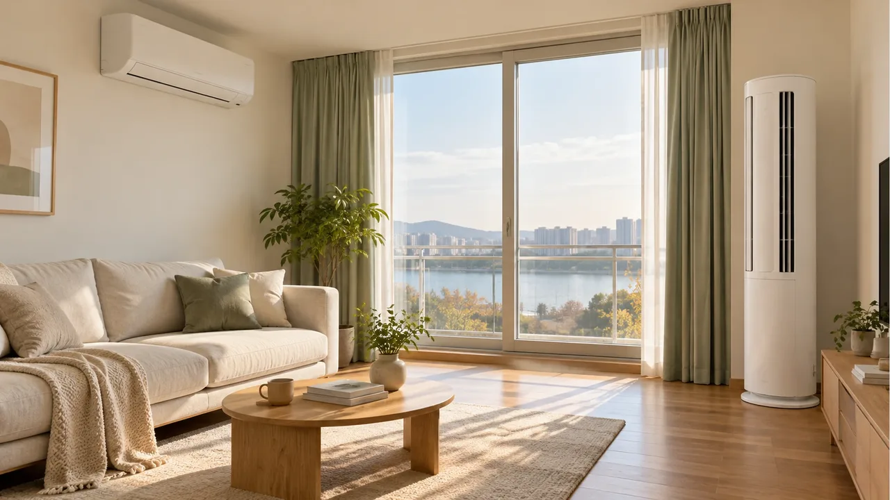 A white wall-mounted air conditioner and a white floor-standing air conditioner in a cream-colored living room