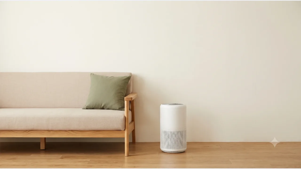 A white cylindrical air purifier next to an oak sofa with a sage-colored cushion