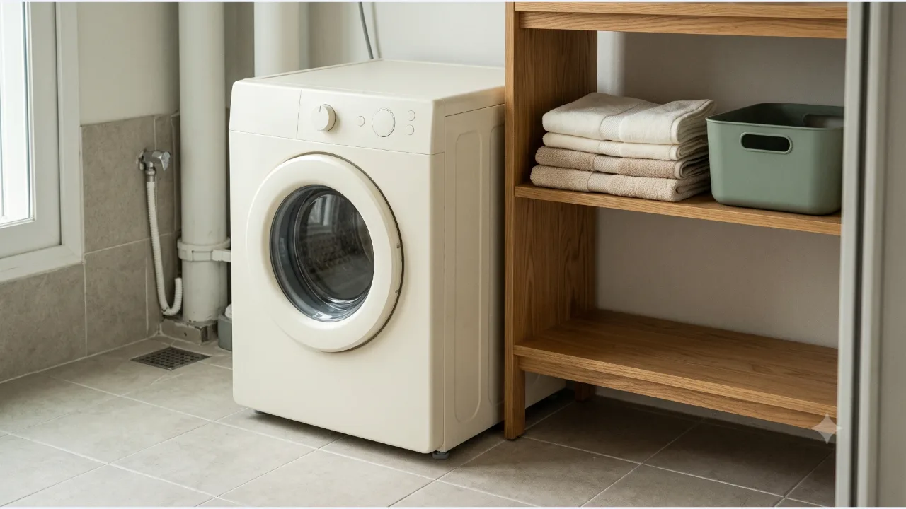 A cream-colored clothes dryer next to an oak shelf with folded towels