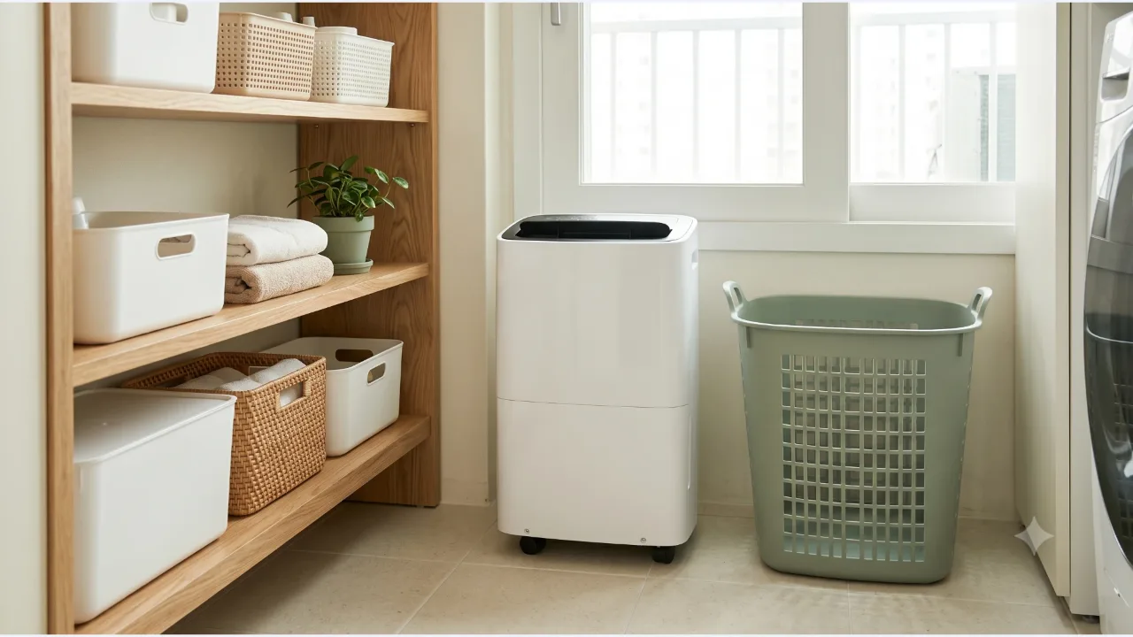 A white portable dehumidifier between an oak shelf and an empty sage-colored laundry basket