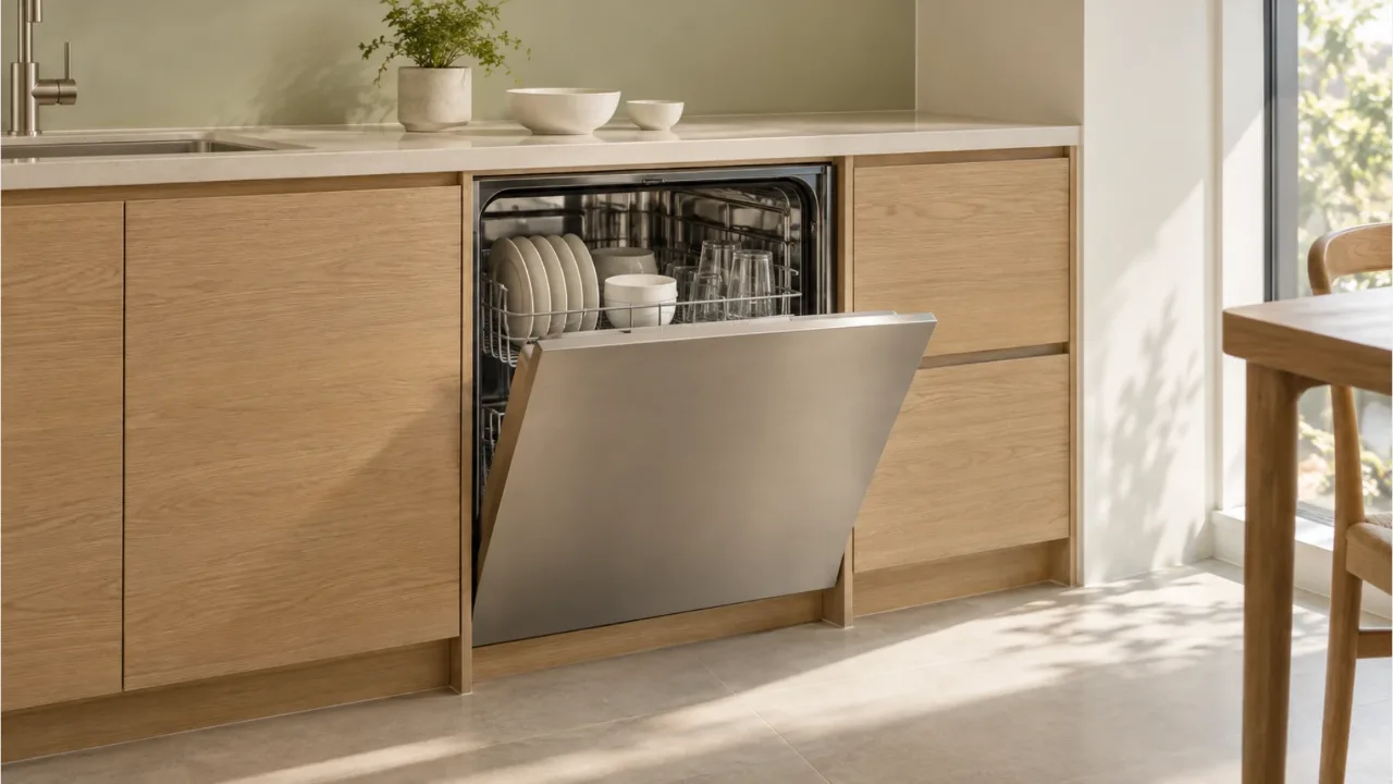 A built-in dishwasher between oak lower cabinets with the door open, white plates, bowls, and glasses in the racks, and a white bowl and a small potted plant on the countertop in a bright kitchen