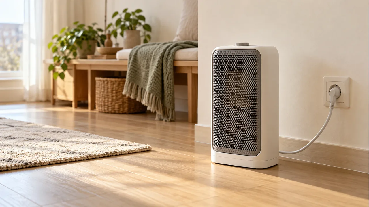 A compact cream-colored electric fan heater standing on a light oak floor, with a single white power cord running directly into a wall outlet