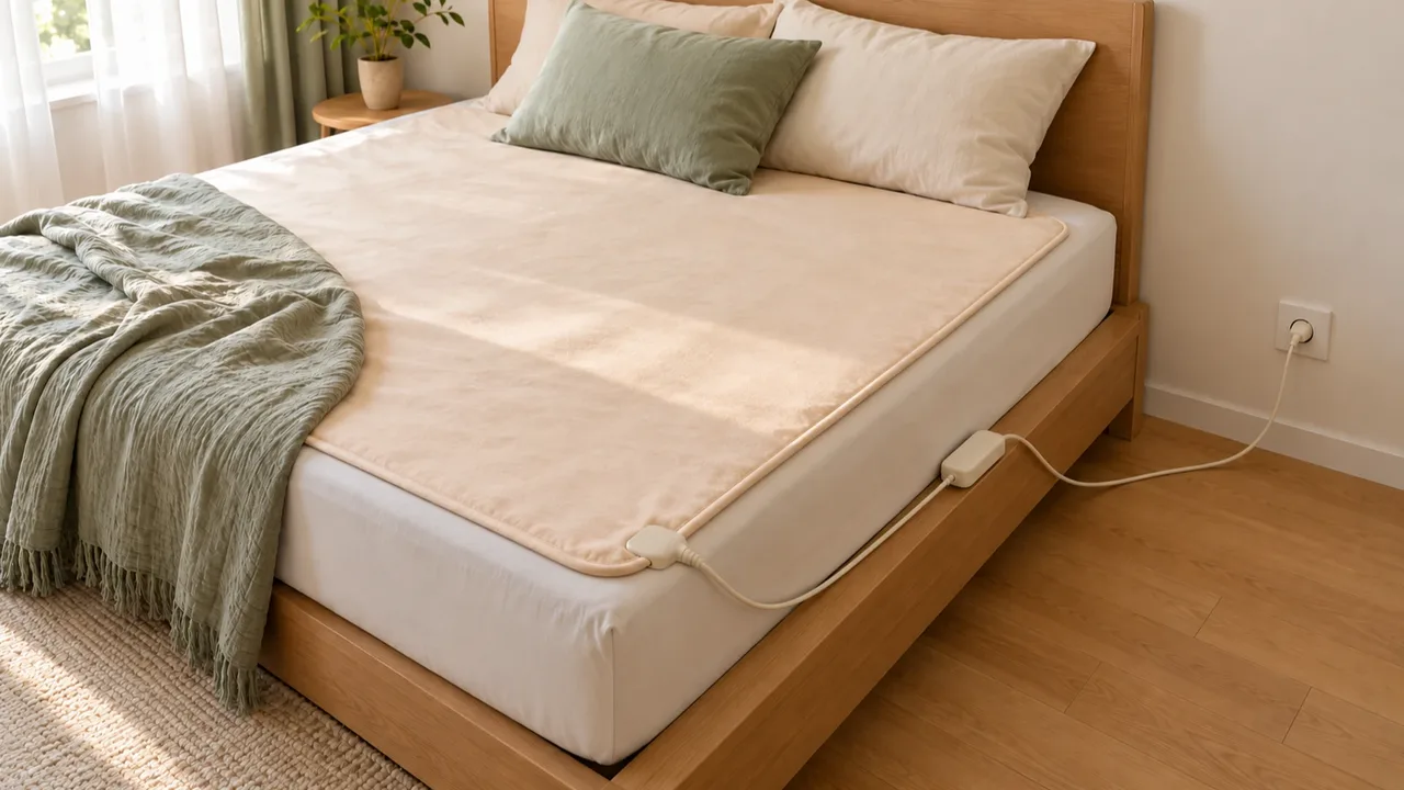 A cream single electric blanket spread on a light oak bed, with one cord running through a small control box to a wall outlet
