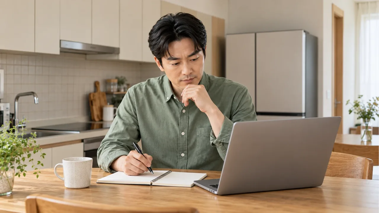 A man in a sage long-sleeved shirt looking at a laptop and holding a pen over a blank notebook at an oak kitchen table.