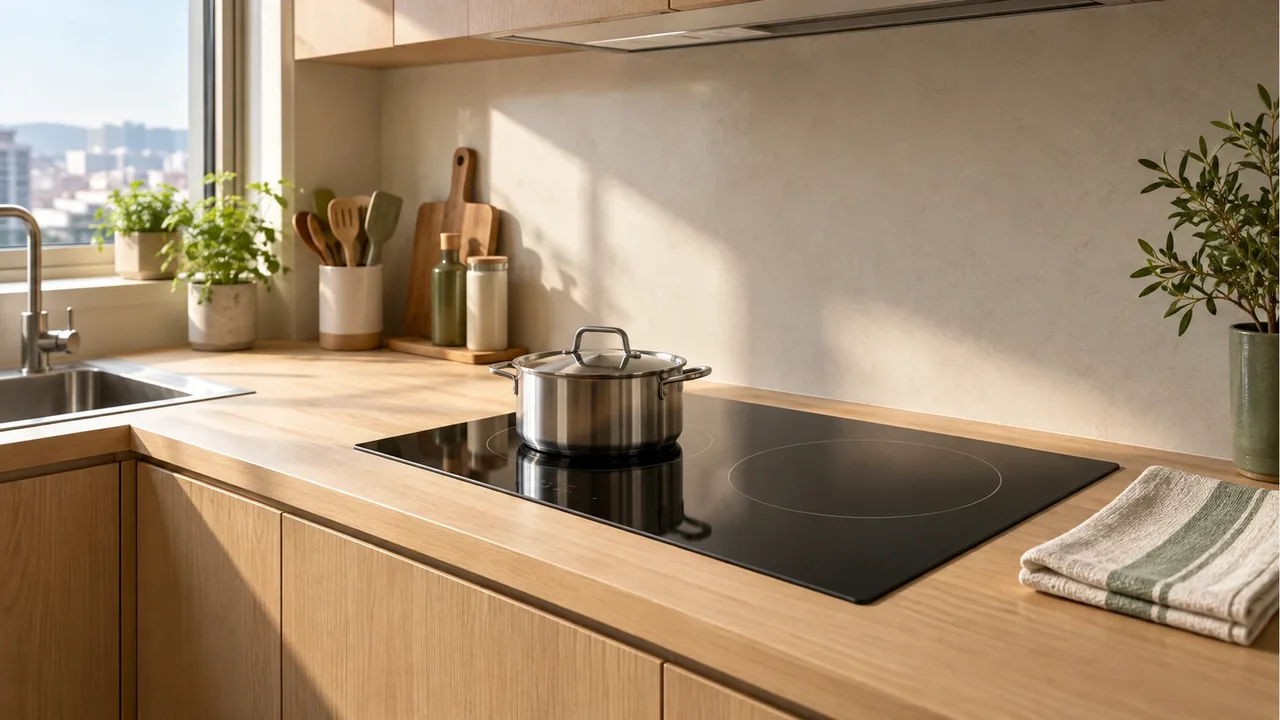 A black glass built-in electric cooktop on an oak counter with a small lidded steel pot on one zone