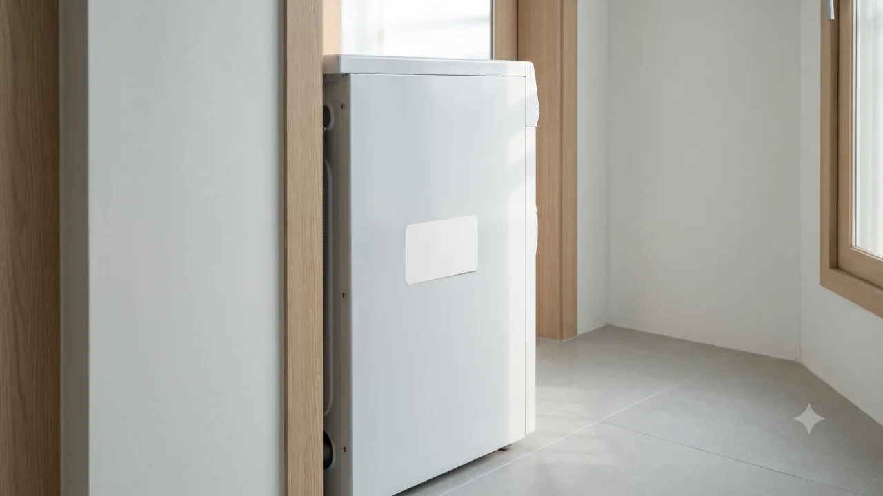The side of a white washing machine with a blank white square sticker and nothing printed on it
