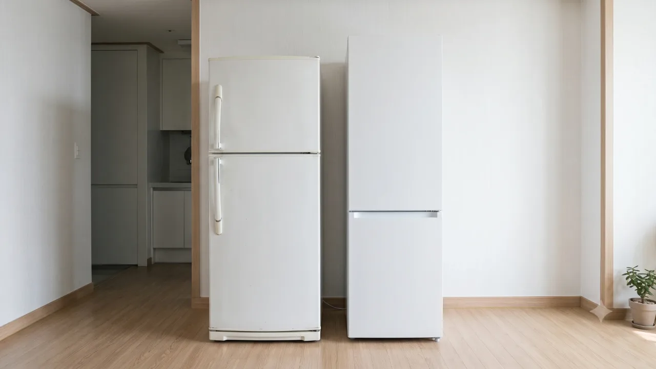 An old refrigerator and a new refrigerator standing side by side in front of a white wall