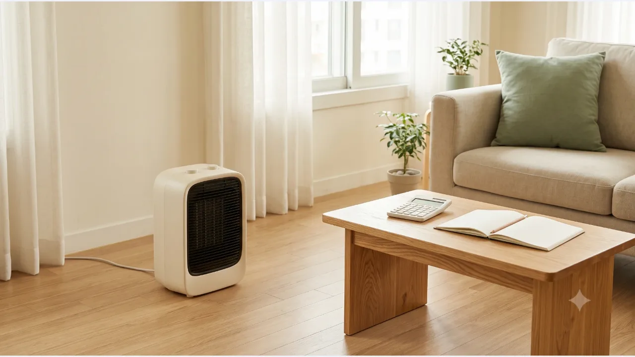 A cream-colored fan heater and its power cord on a living room floor, with a calculator and an open notebook on an oak table