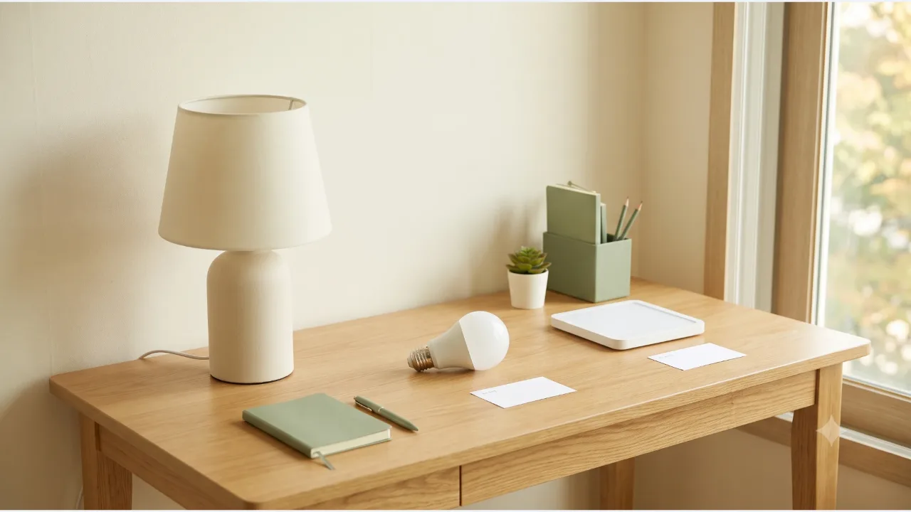 A cream desk lamp and a white LED bulb on an oak desk, with a square light fixture and two white cards