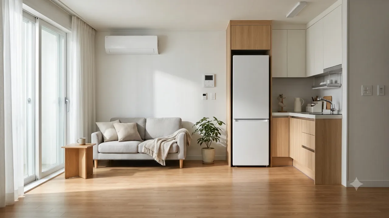 A bright small living room and kitchen with a white refrigerator and a wall-mounted air conditioner above the sofa