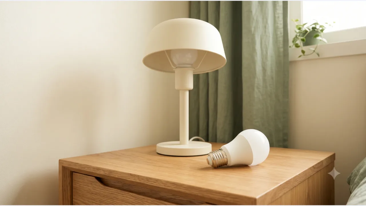 A cream desk lamp on an oak table next to a white bulb with a screw base