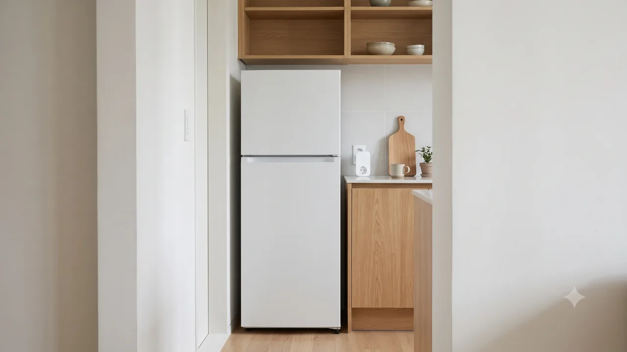 A white refrigerator in an oak kitchen and a small white plug-in power meter plugged into the countertop outlet beside it