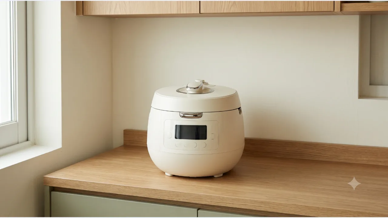 A closed cream electric pressure rice cooker on an empty oak kitchen countertop