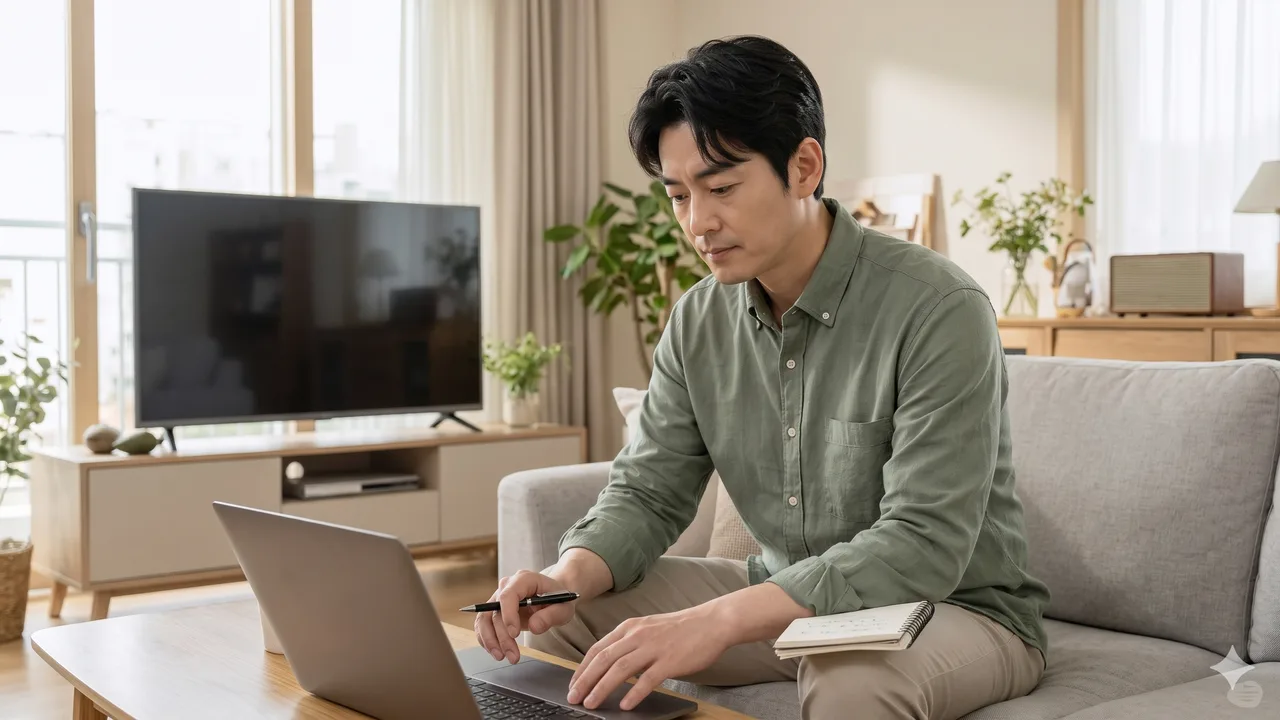 세이지색 긴팔 셔츠를 입은 남성이 거실 소파에서 노트북을 보며 펜을 쥐고 무릎 위에 수첩을 올려 둔 모습, 뒤쪽 장식장 위에 꺼진 TV가 놓여 있다