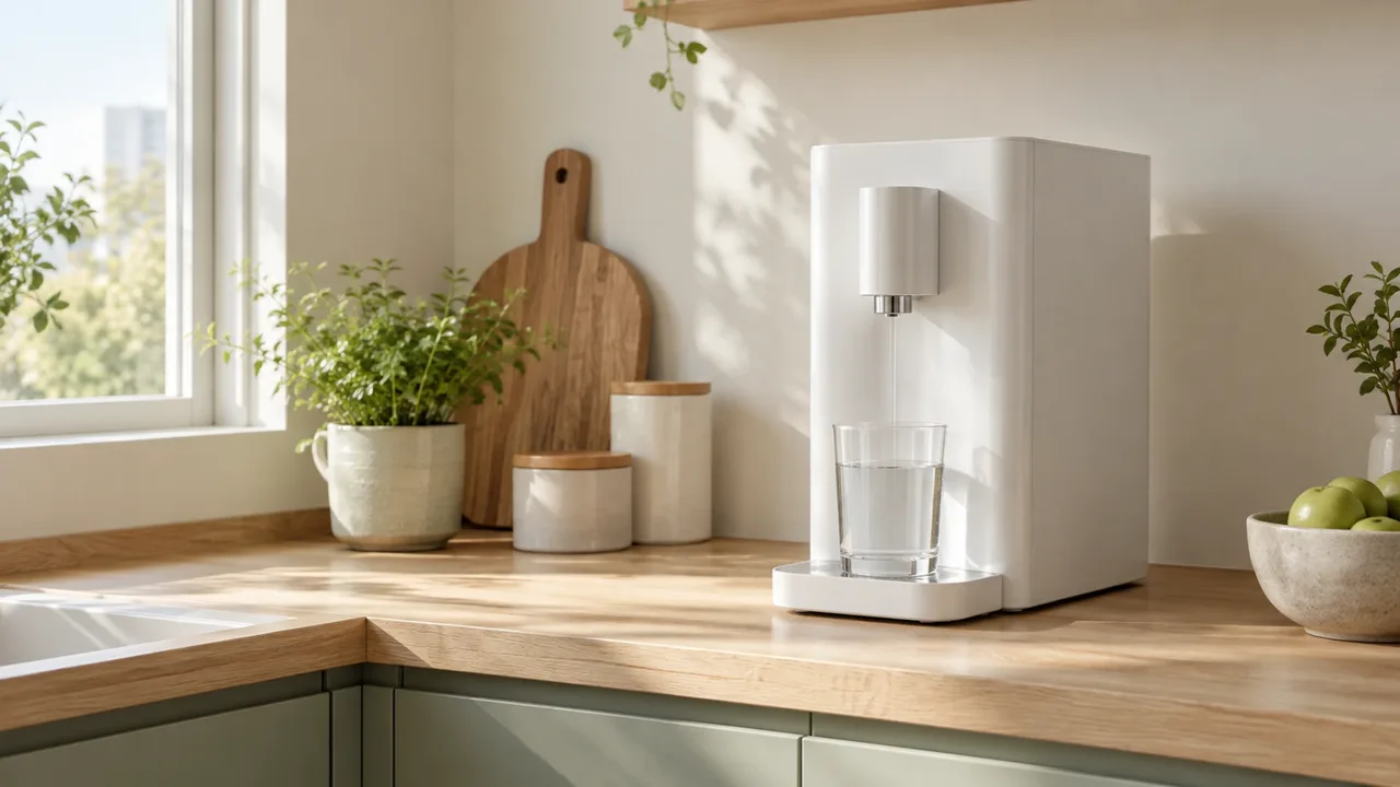 A slim white countertop hot and cold water dispenser with a glass of water on its drip tray in an oak kitchen corner