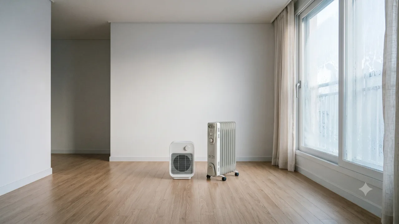 A white electric fan heater and an oil-filled radiator on the oak floor by a frosted window